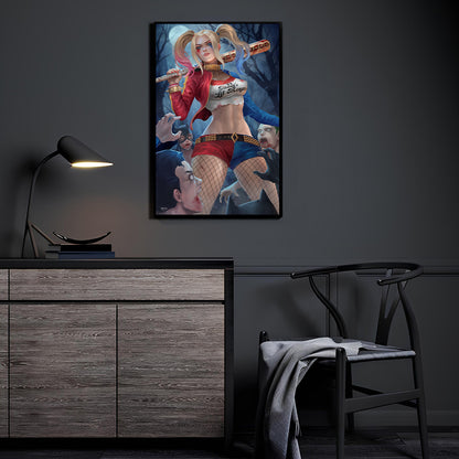 Harley Quinn Clown Princess Carnage Wall Art Poster 24x36 – anti-hero with baseball bat vs zombies in moonlit forest, perfect for comic fans and collectors