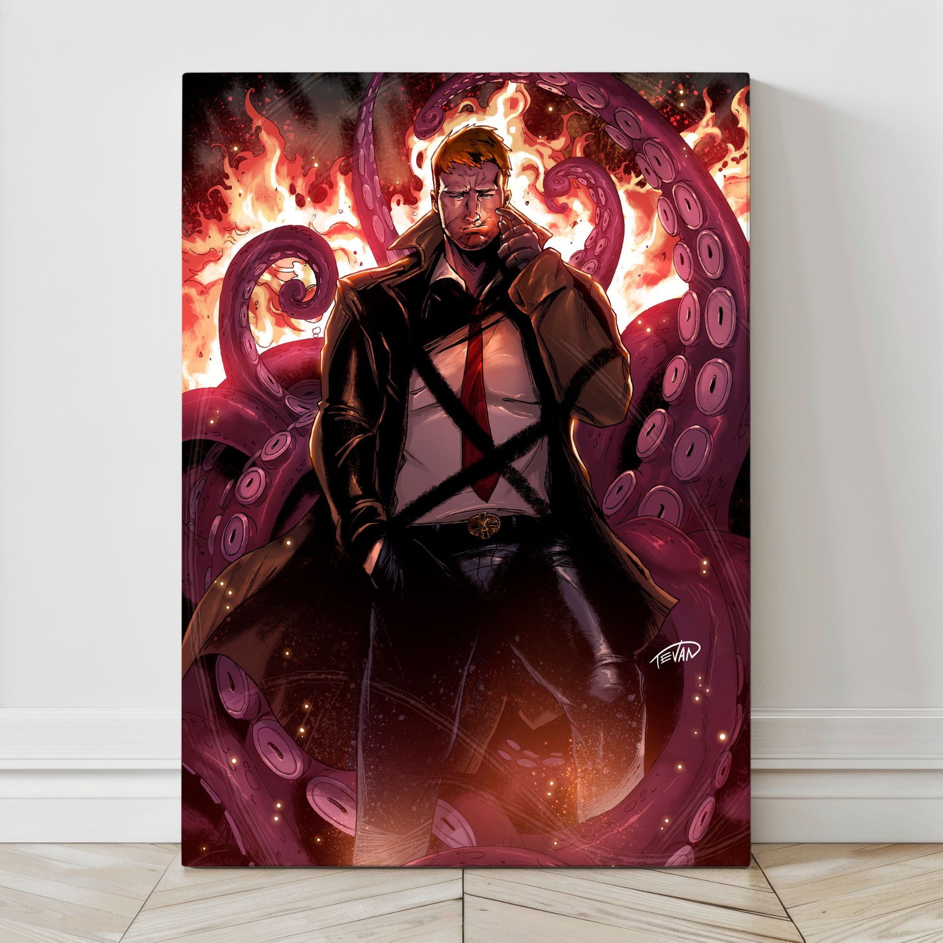 Canvas — gritty supernatural detective, cigarette glow and flame backdrop; painterly finish by Kevin deCastro.