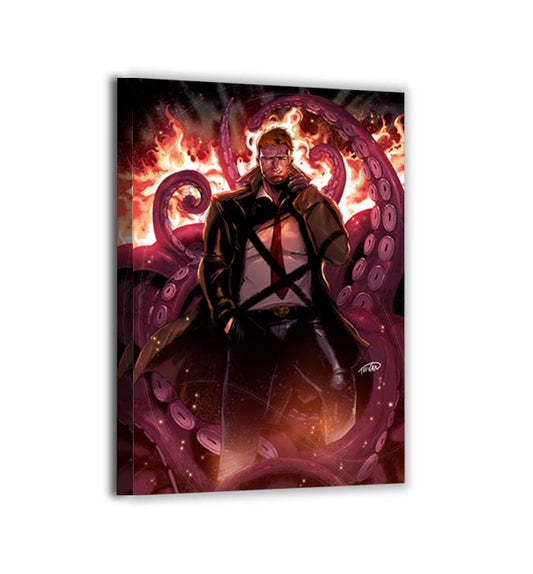 Canvas — gritty supernatural detective, cigarette glow and flame backdrop; painterly finish by Kevin deCastro.