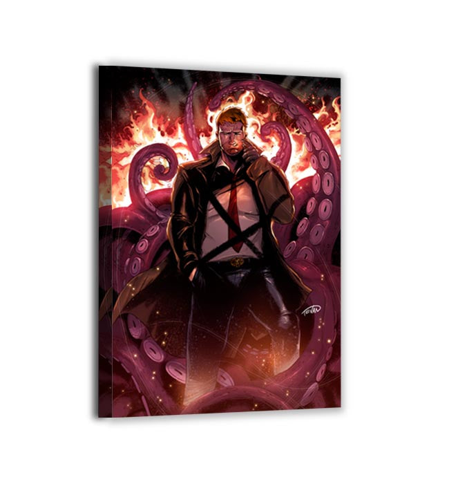 Canvas — gritty supernatural detective, cigarette glow and flame backdrop; painterly finish by Kevin deCastro.