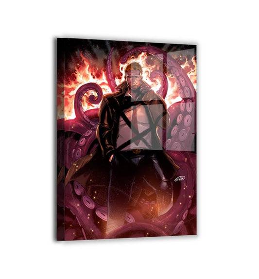 Metal — sleek luminous print of a supernatural sleuth amid fire and shadow; illustration by Kevin deCastro.