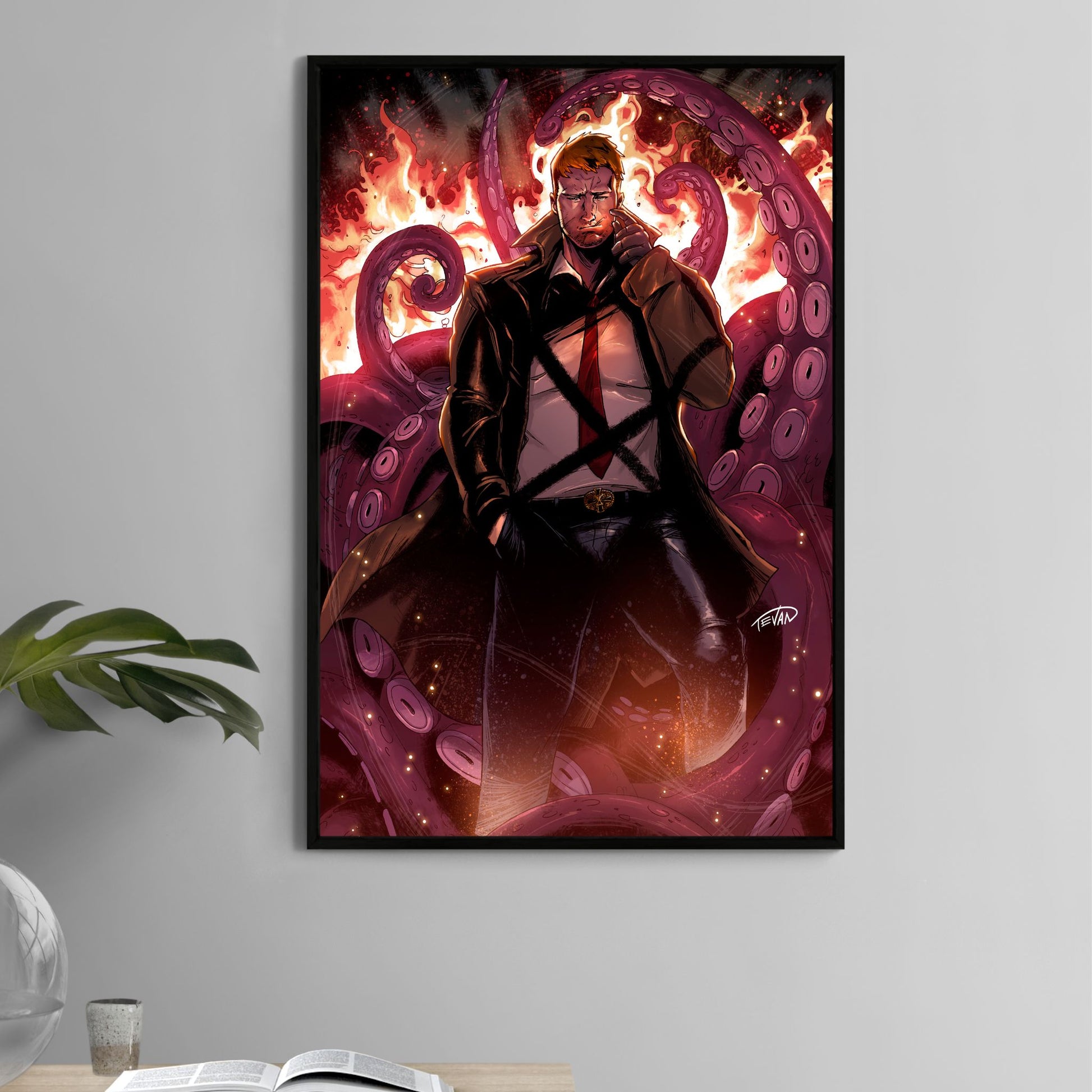 Poster — trench-coated occult detective in firelit scene with coiling tentacles; dramatic noir portrait by Kevin deCastro.
