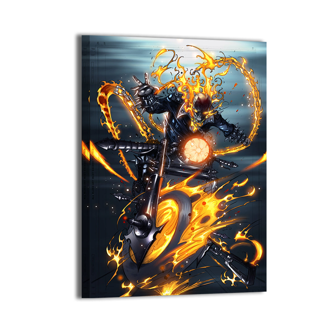 Canvas print of Ghost Rider mid-charge surrounded by flames and skull glowing  
