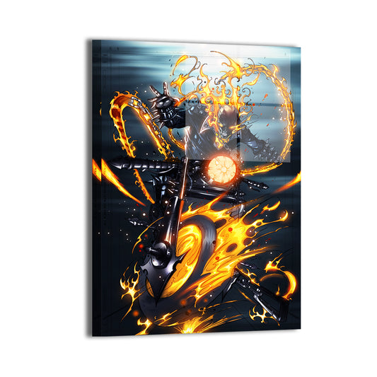 Gloss metal print of Ghost Rider with blazing wheels and hellfire aura  
