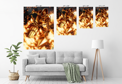 acrylic of Scorpion with chained spear, engulfed in fire