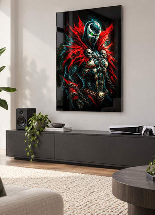 Hellspawn Crimson Mantle Spawn acrylic wall art in a modern media lounge