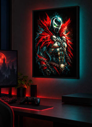 Hellspawn Crimson Mantle Spawn LED lightbox wall art glowing in a dark gaming room
