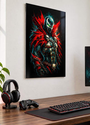 Hellspawn Crimson Mantle Spawn metal wall art above a modern gaming desk