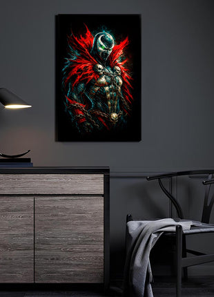 Hellspawn Crimson Mantle acrylic wall art showing Spawn facing forward beneath a sweeping red cape