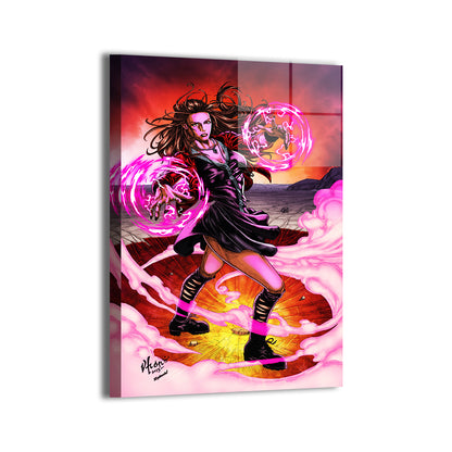 Full-scale Scarlet Witch artwork in glowing red battle scene

