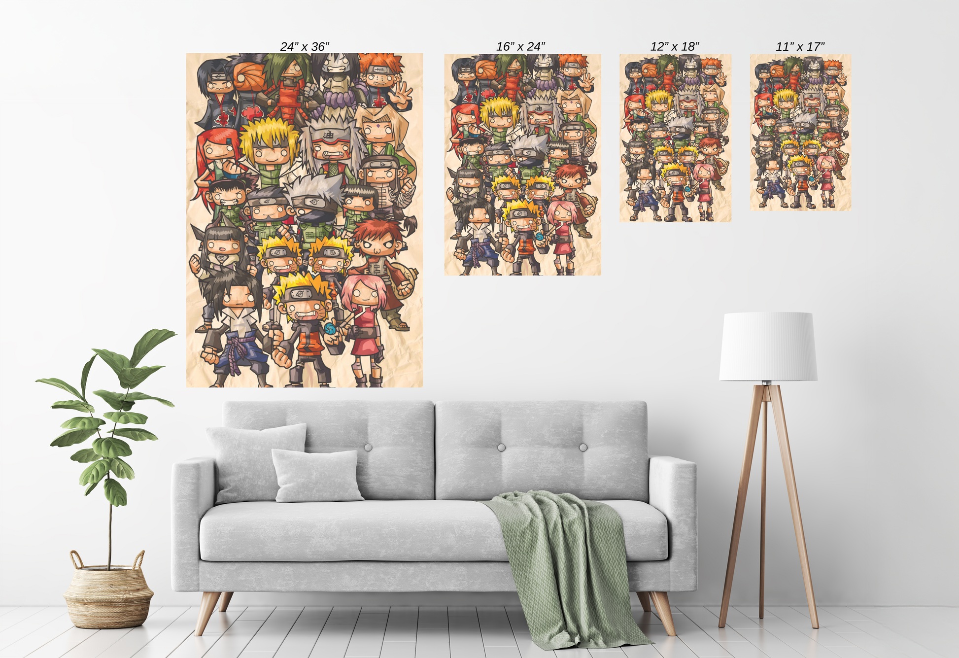 Size Chart acrylic full-cast Naruto artwork on parchment-style background

