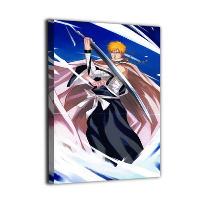 Bleach Ichigo canvas wall art featuring the Soul Reaper in a dynamic battle pose with swirling energy and dramatic movement