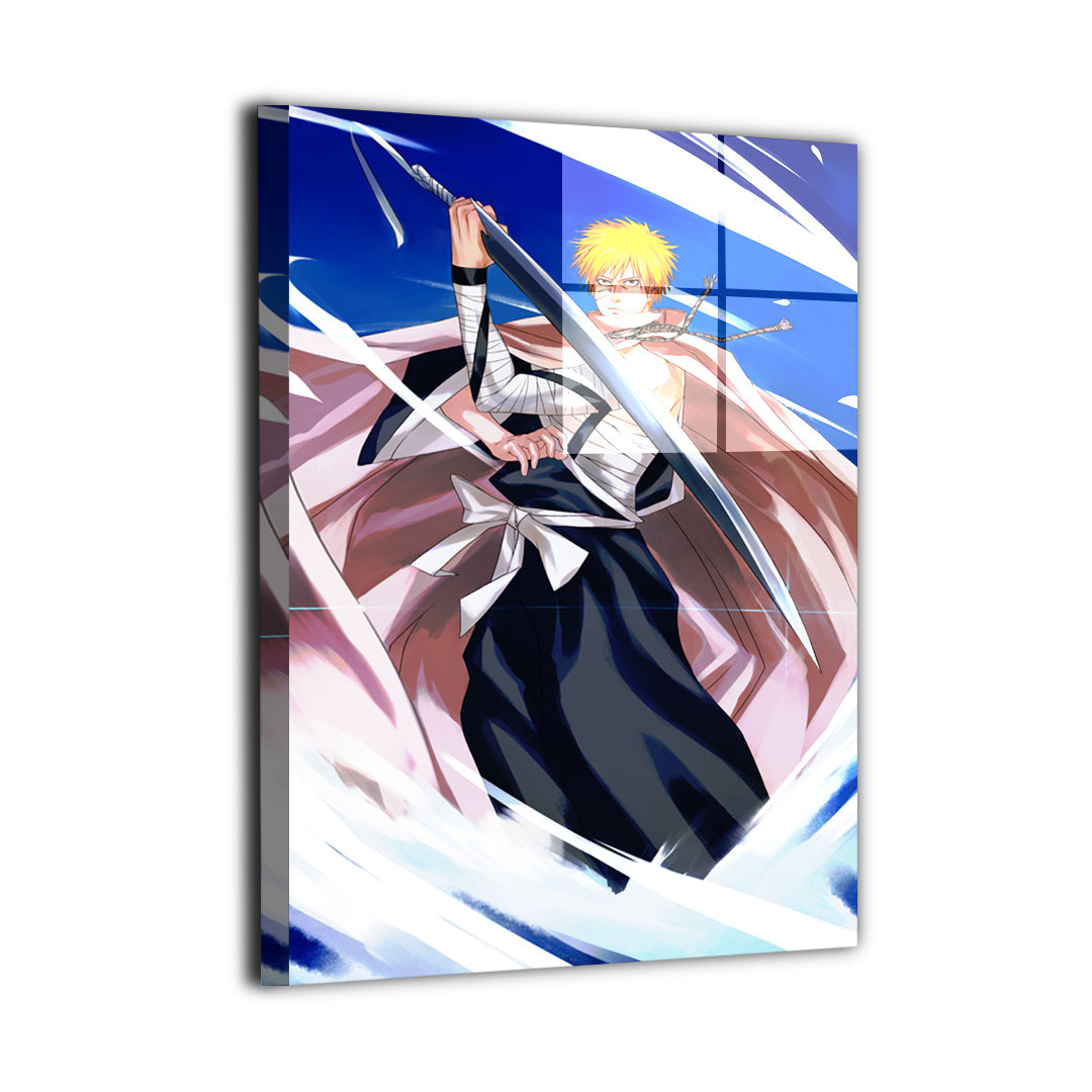 Metal wall art featuring Ichigo from Bleach in an action-focused pose, highlighting sharp blade detail, motion effects, and iconic Soul Reaper design