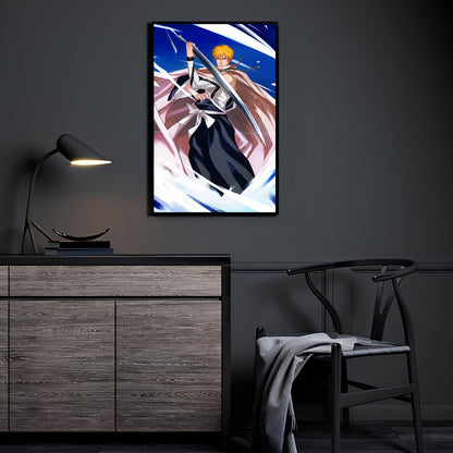 Bleach Ichigo wall art displayed in a modern interior, adding high-energy anime action and bold sword-focused artwork to contemporary wall décor