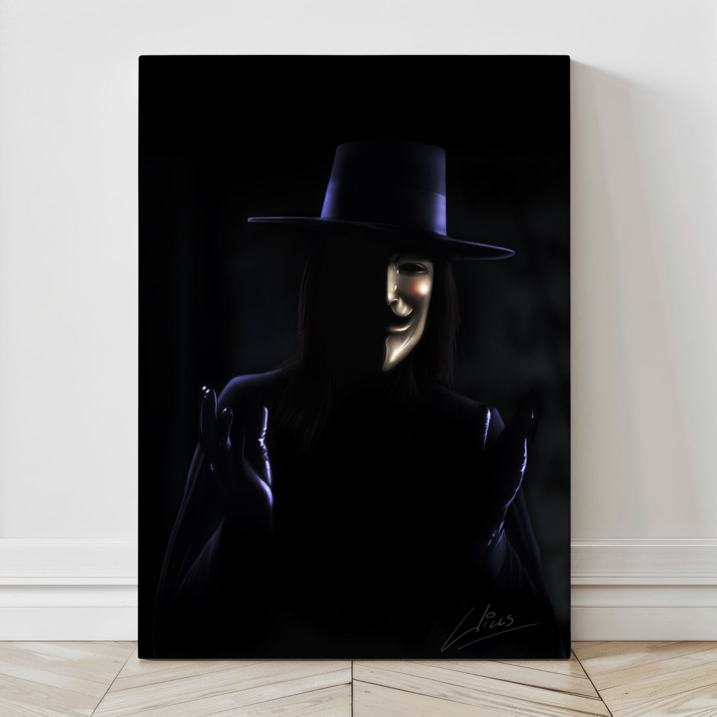 Canvas — dramatic Guy Fawkes–style mask emerging from shadow; smooth blacks, controlled highlights; art by Richard Williams.