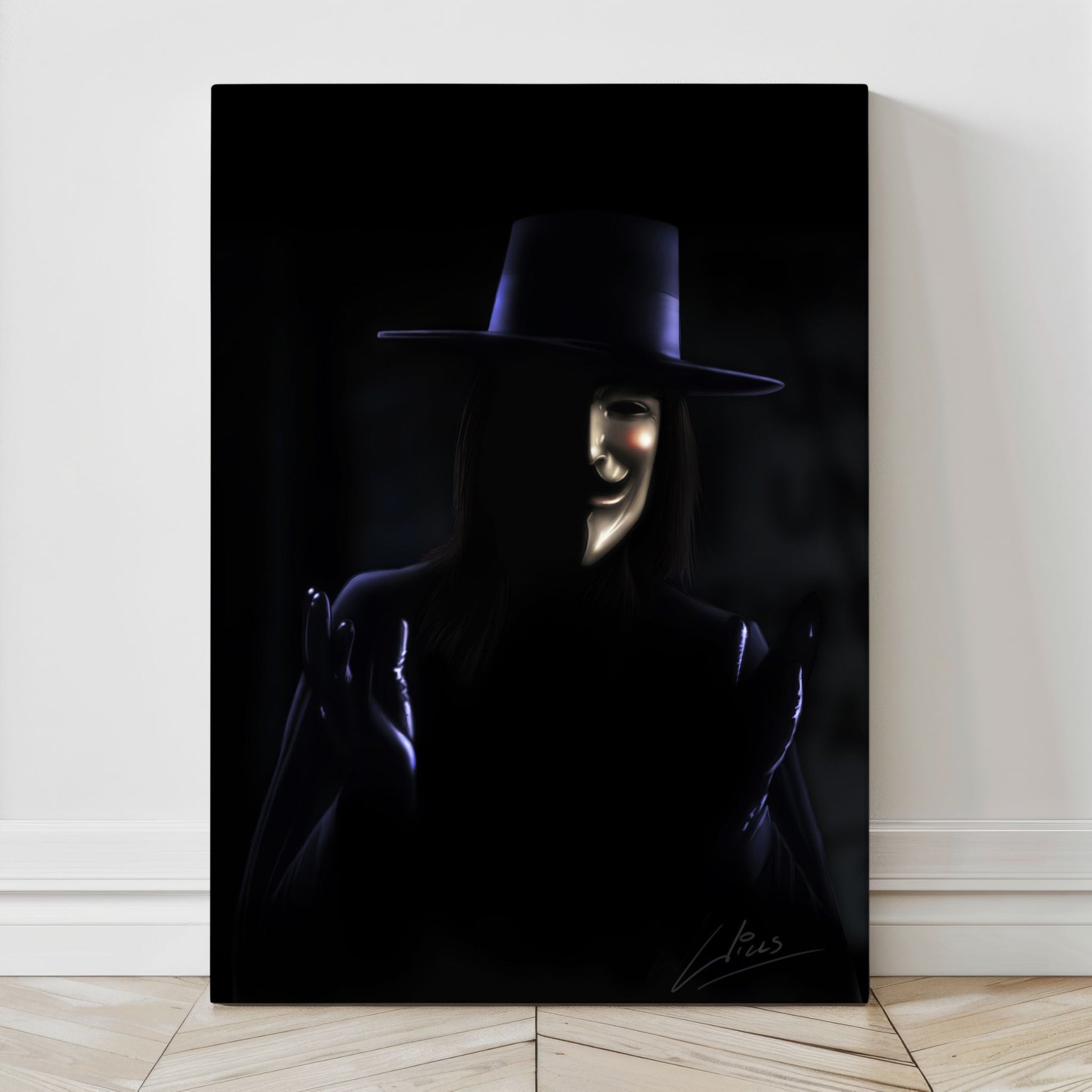 Canvas — dramatic Guy Fawkes–style mask emerging from shadow; smooth blacks, controlled highlights; art by Richard Williams.