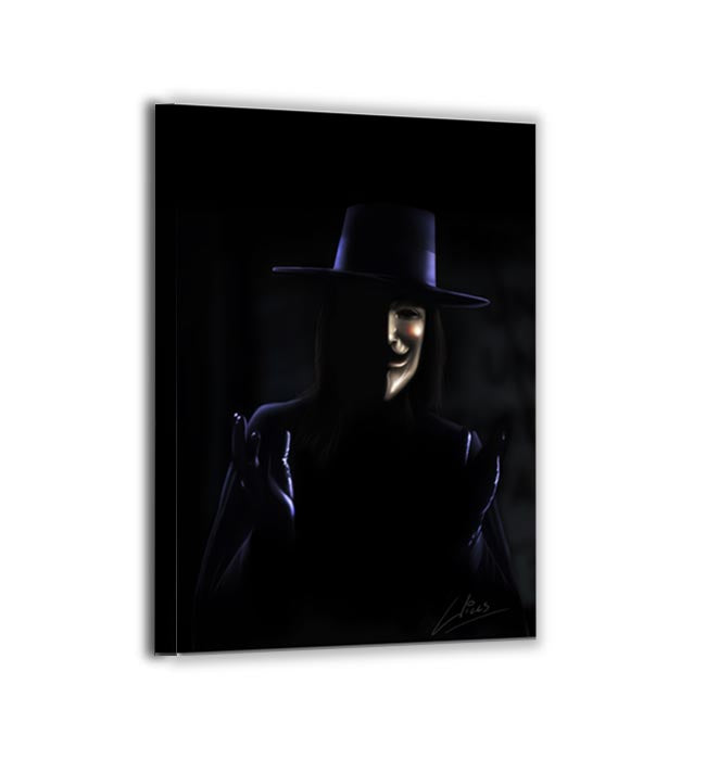 Canvas — dramatic Guy Fawkes–style mask emerging from shadow; smooth blacks, controlled highlights; art by Richard Williams.