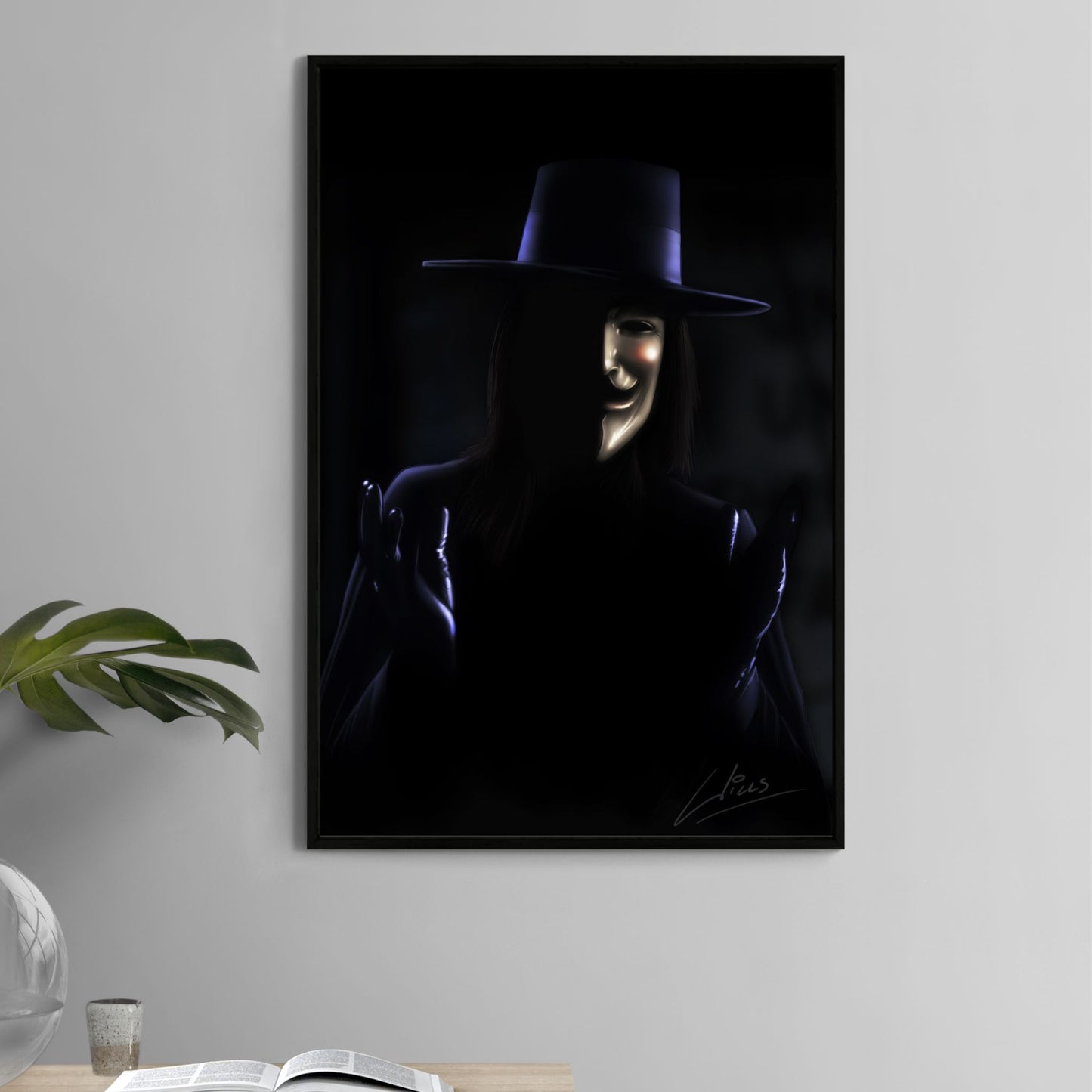 Poster — V-inspired masked vigilante in wide-brim hat, face half-lit in darkness; cinematic portrait by Richard Williams.