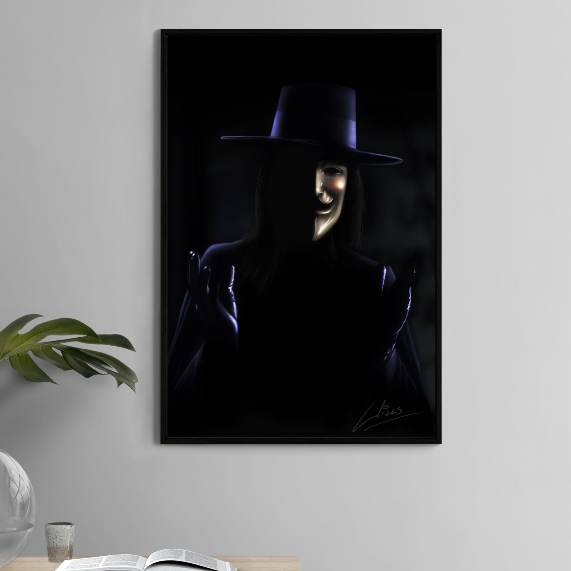 Poster — V-inspired masked vigilante in wide-brim hat, face half-lit in darkness; cinematic portrait by Richard Williams.