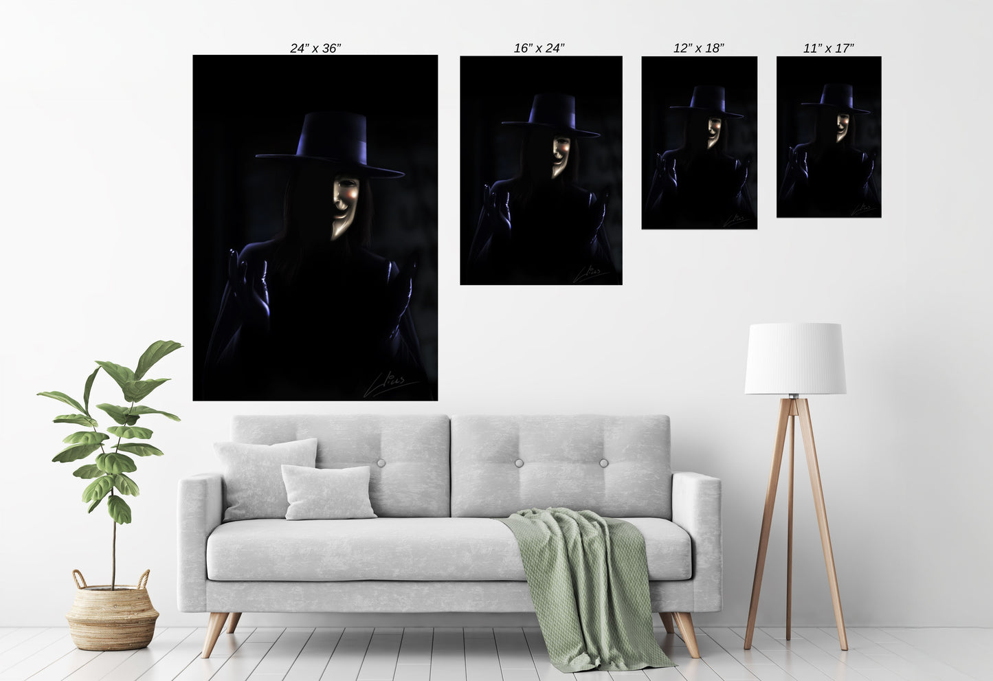 Room mockup — framed, V-inspired mask portrait as moody focal point in modern space.
