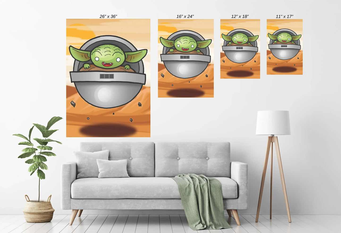 cartoon poster of Grogu in floating pod over Tatooine-style desert