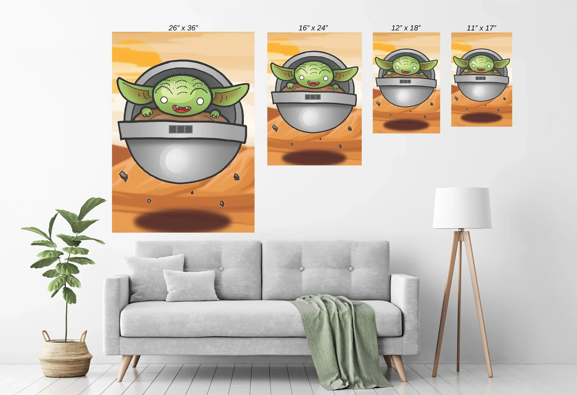 cartoon poster of Grogu in floating pod over Tatooine-style desert
