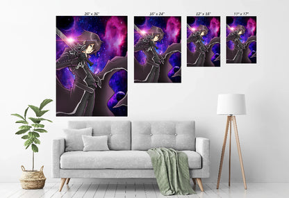 anime poster of Kirito with cosmic background and sword drawn in space

