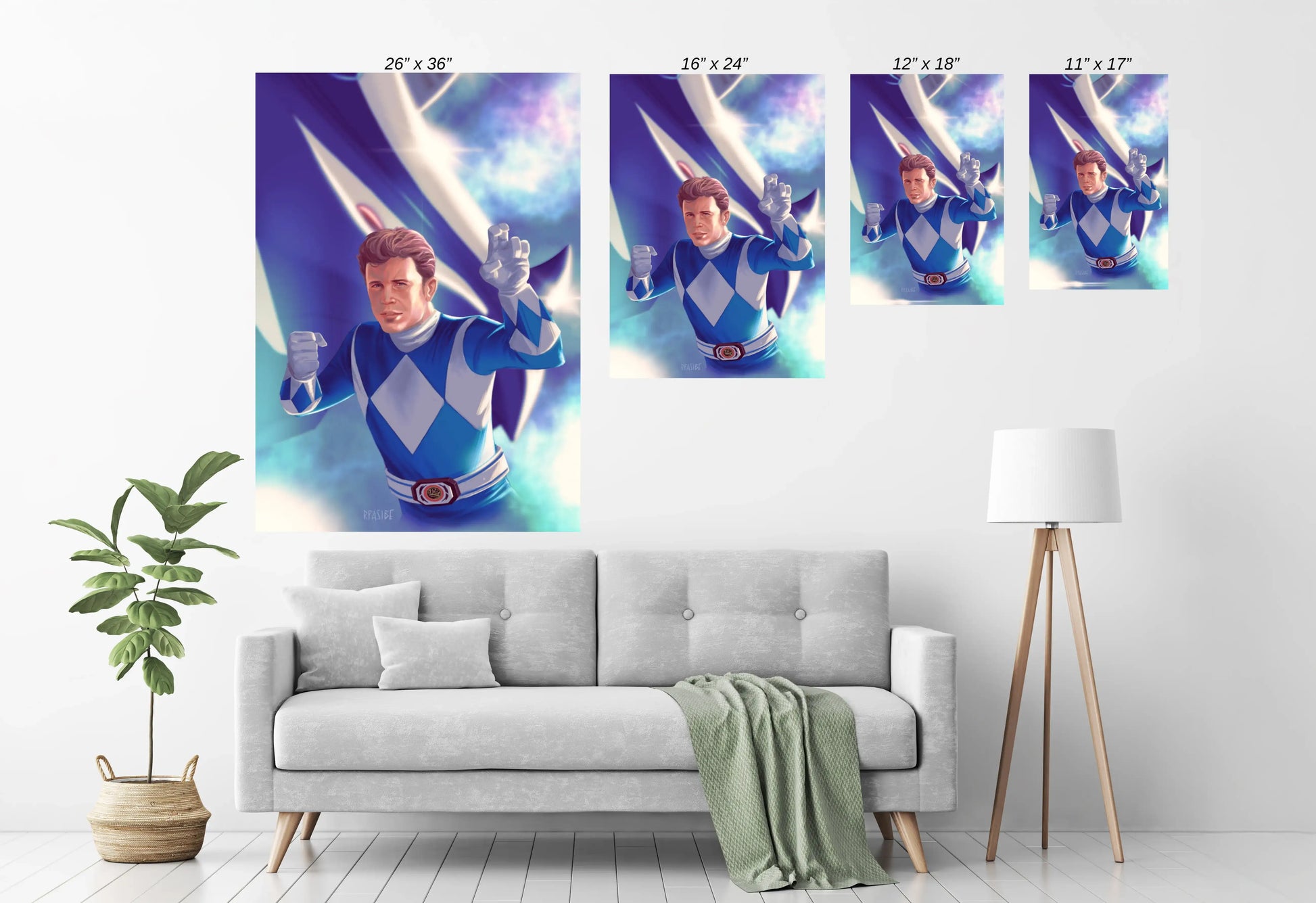  11x17 poster of Blue Ranger from Mighty Morphin Power Rangers with heroic stance and Zord