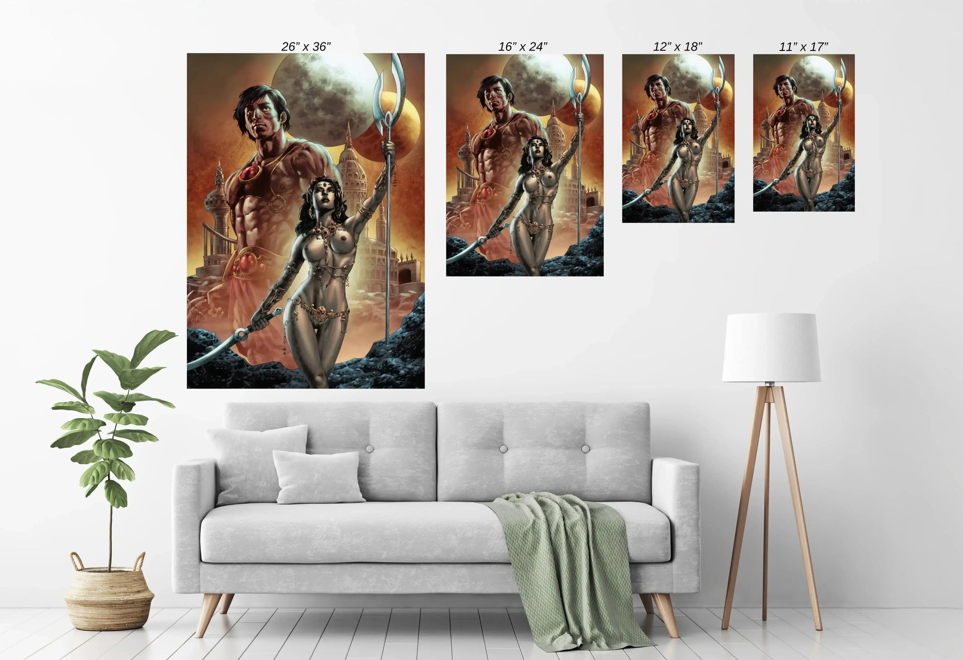 11x17 fantasy poster featuring Dejah Thoris and John Carter with moons and palace