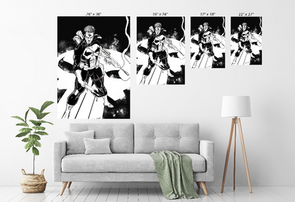 Alt Text: Striking Punisher metal wall art by Ernest Dickinson – black and white, high-contrast finish – Wall Chart size – Snapping Turtle Gallery

