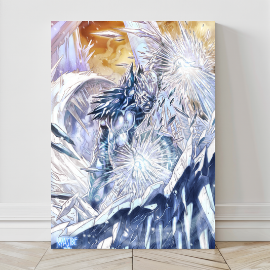 Alt Text: Mid-size metal wall art of Iceman’s dramatic ice blast by Ryan Pasibe

