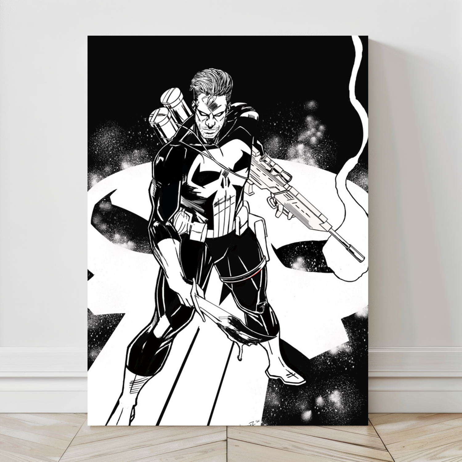 Alt Text: Vigilante-style Punisher canvas wall art by Ernest Dickinson in black and white – 24x36 size – Snapping Turtle Gallery


