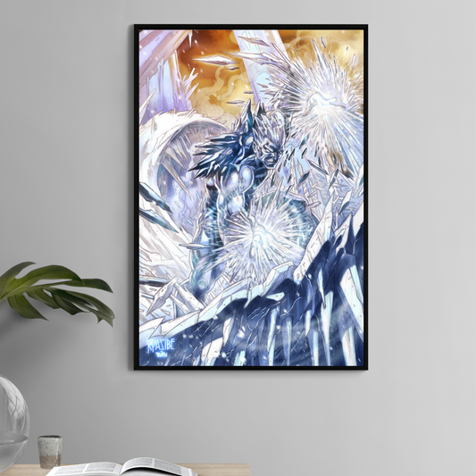 Alt Text: Mutant Iceman shattering through ice in a high-energy canvas print by Ryan Pasibe

