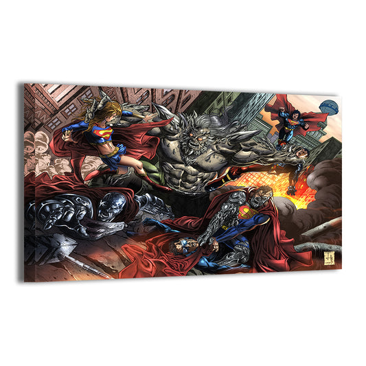 24x36 canvas art of superman, doomsday and steel in battle