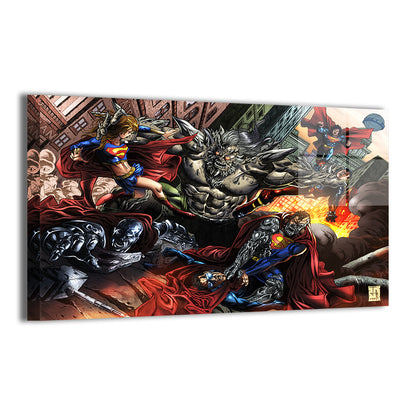 Alt Text: 24x36 metal print with supergirl, steel, and superboy battle scene