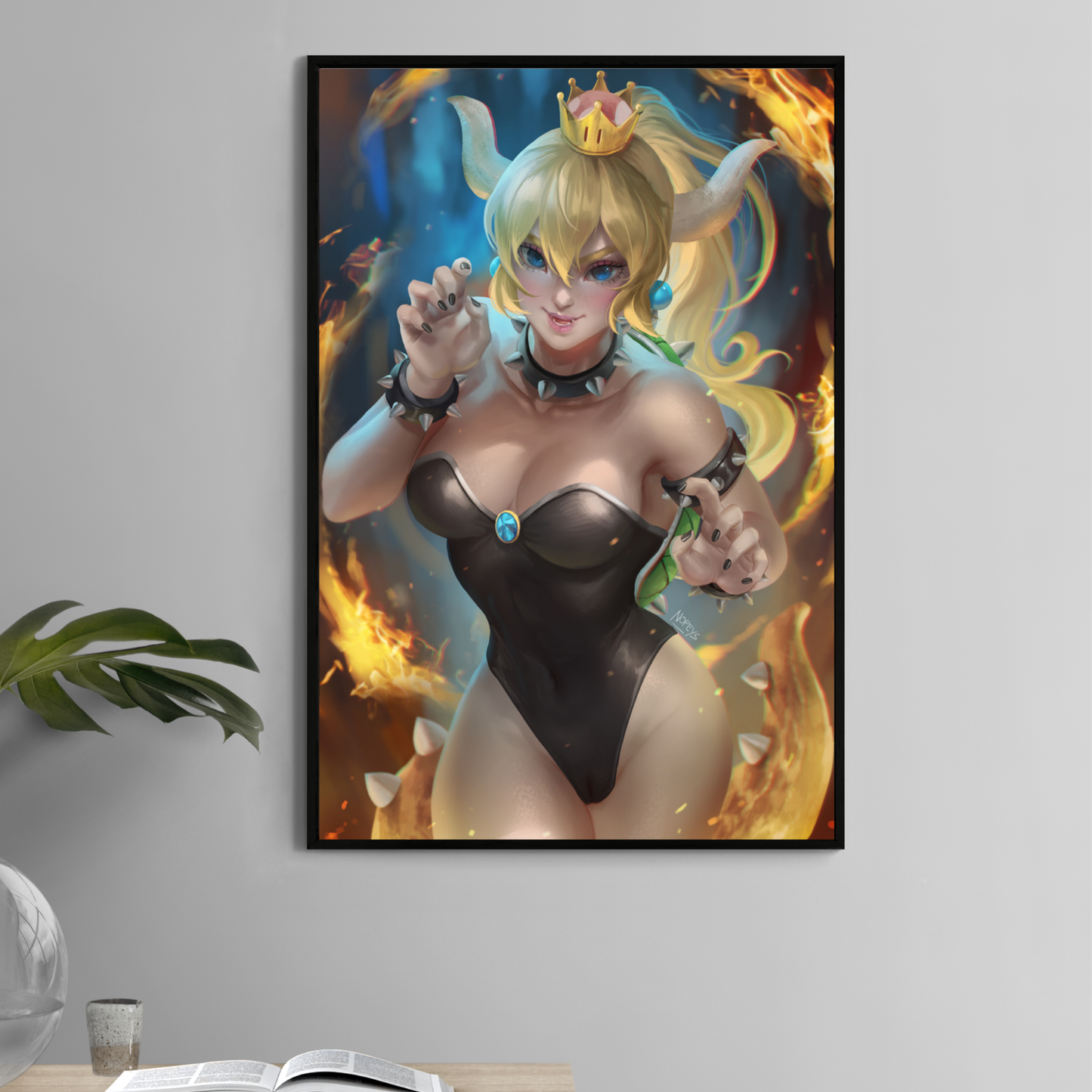 Bowsette fan art print in fiery scene – 11x17 gamer girl wall poster