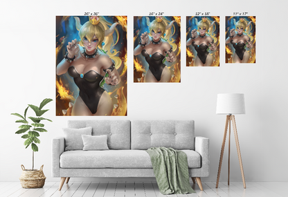 Bowsette fan art print in fiery scene – Size Chart gamer girl wall poster