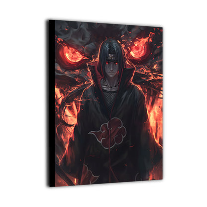Intense anime ninja artwork featuring a stoic figure engulfed in crimson flames with a powerful gaze, high-detail canvas wall art