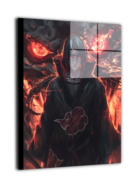 Ultra-sharp metal wall art depicting a legendary anime rogue ninja with fiery aura and dramatic dark atmosphere