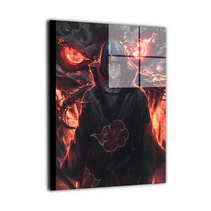 Ultra-sharp metal wall art depicting a legendary anime rogue ninja with fiery aura and dramatic dark atmosphere