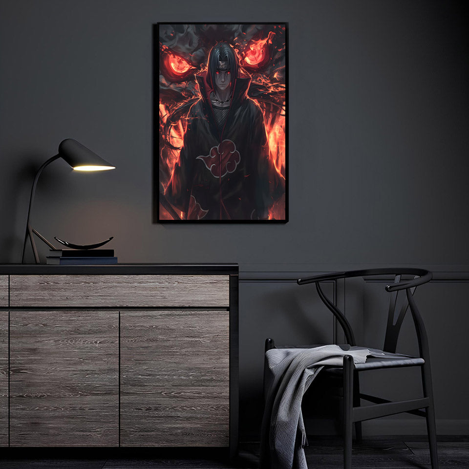 Dark anime ninja wall art displayed in a modern room setting, dramatic fire lighting enhances collector-style presentation