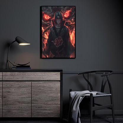 Dark anime ninja wall art displayed in a modern room setting, dramatic fire lighting enhances collector-style presentation