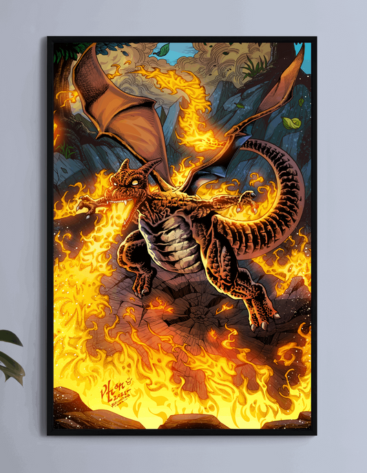 Charizard unleashing flames midair in a fiery battle, 11x17 Pokémon art print