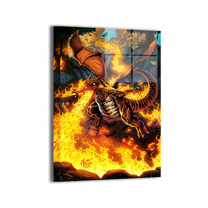16x24 acrylic print of Charizard flying above fiery crater