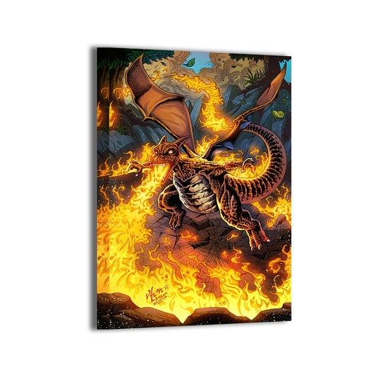 24x36 Pokémon canvas of Charizard erupting with flames in sky battle