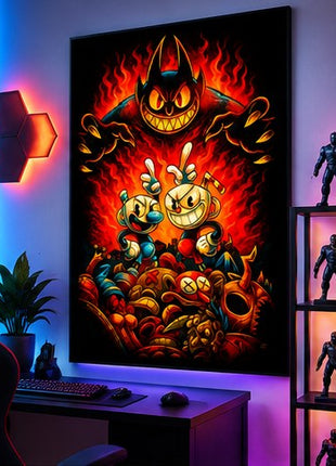 Inkwell Isles Reckoning Cuphead and Mugman acrylic wall art displayed in a bright modern gaming room without visible corner mounts