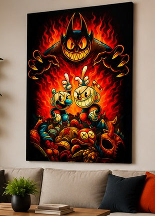 Inkwell Isles Reckoning Cuphead and Mugman acrylic wall art displayed in a modern media lounge without visible corner mounts