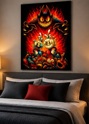 Inkwell Isles Reckoning Cuphead and Mugman canvas wall art displayed above a bed in a realistic modern bedroom