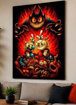 Inkwell Isles Reckoning Cuphead and Mugman canvas wall art displayed in a realistic modern living room