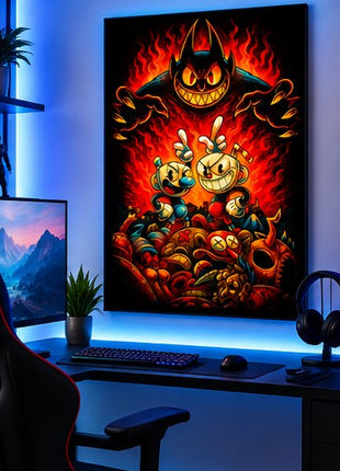 Inkwell Isles Reckoning Cuphead and Mugman metal wall art displayed above a modern gaming desk without visible corner mounts
